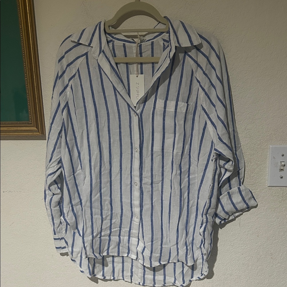 Z SUPPLY Linen Perfect Line Top White and Blue NWT